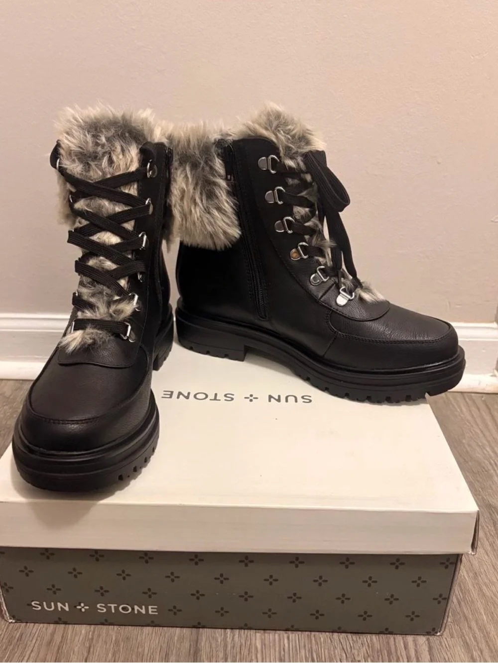Sun + Stone Black Winter Lace-Up Boots with Gray Faux Fur Trim